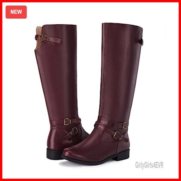 Amazon.com | Women Wide Calf Knee High Boots Flat Heel Side Zipper Faux Leather Winter Riding